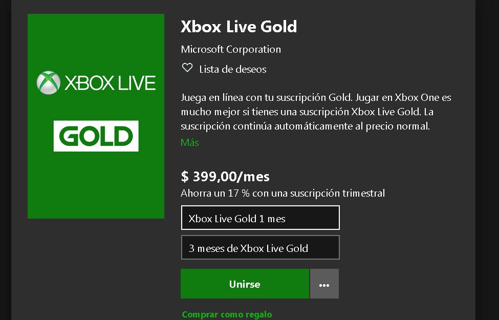 Se la opción de comprar 12 meses de Xbox Live Gold en Xbox Live