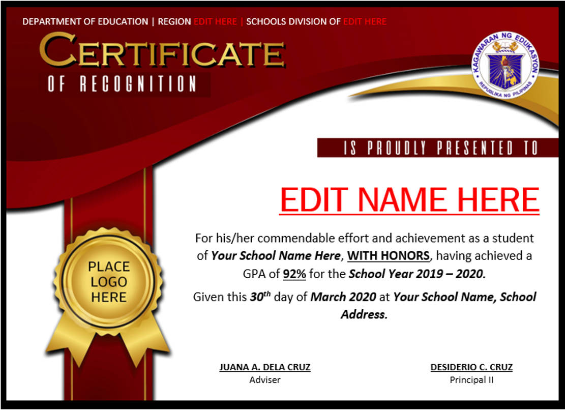 AWARD CERTIFICATE (For Recognition) (MS WORD) - DepEd K-23 Within Student Of The Year Award Certificate Templates