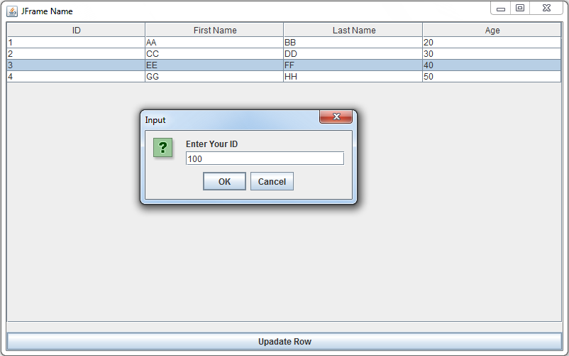 update jtable row using joptionpane.showinputdialog