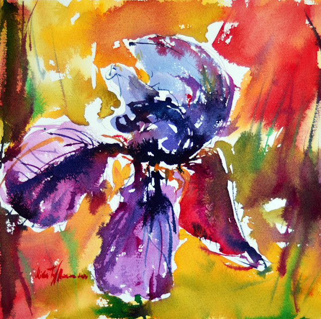 Iris watercolor flower painting on paper by Mikko Tyllinen