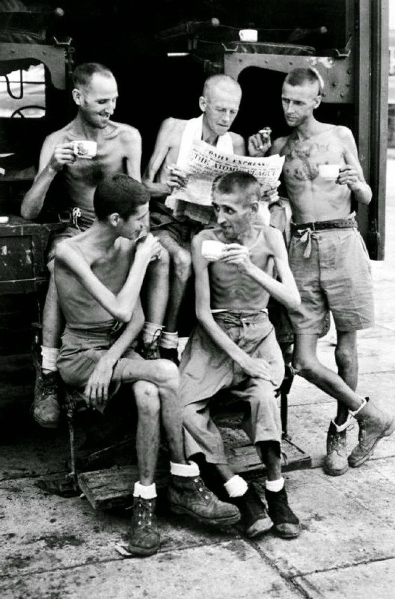 Emaciated British soldiers after their release from Japanese captivity in Singapore, 1945
