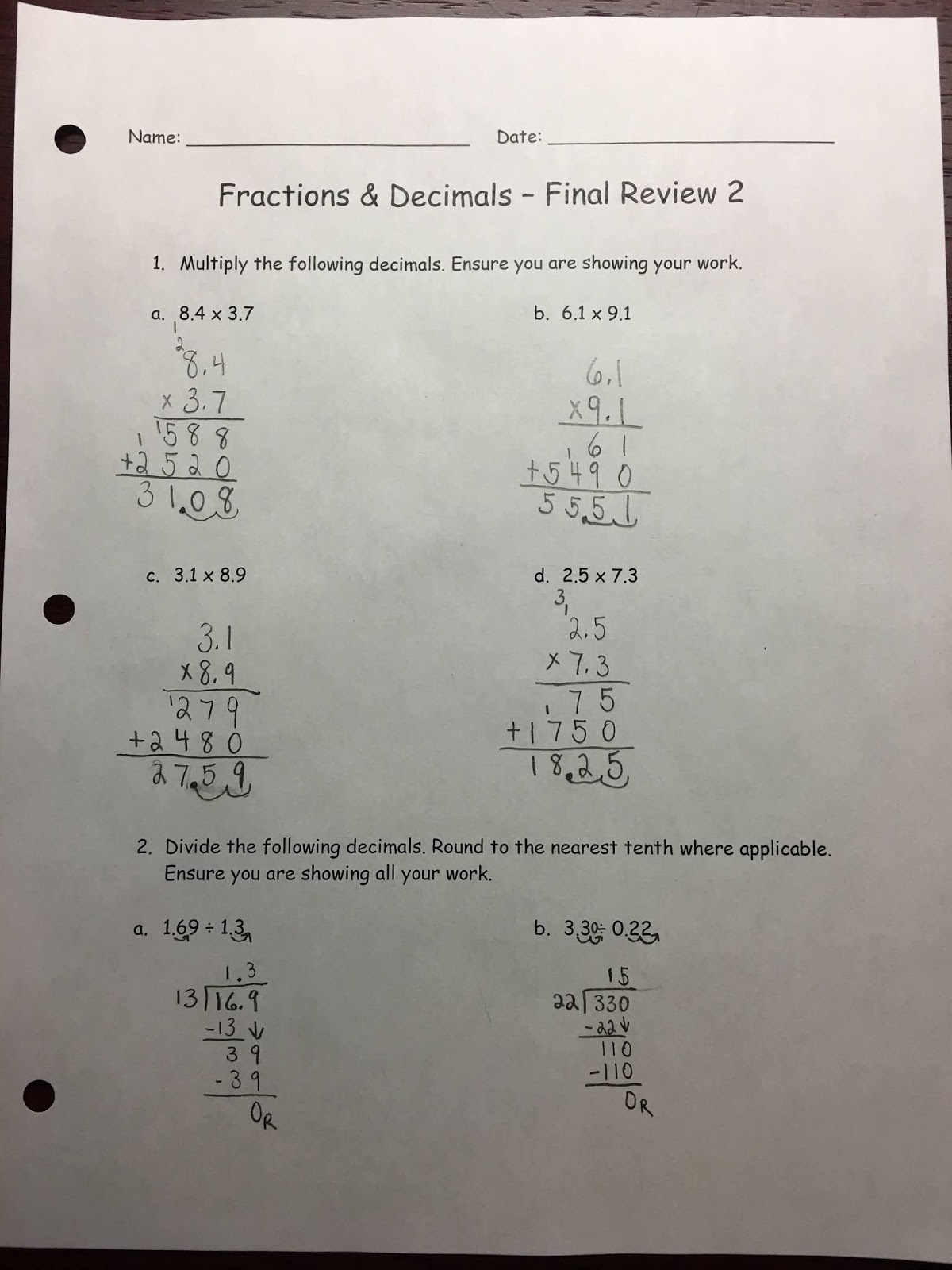 Mr. Conte's Grade 6 Class: Math Review Answer Key