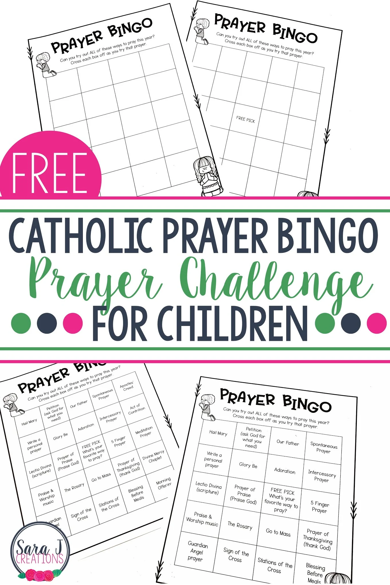 Free Catholic prayer bingo to help kids learn about and try all different kinds of prayer