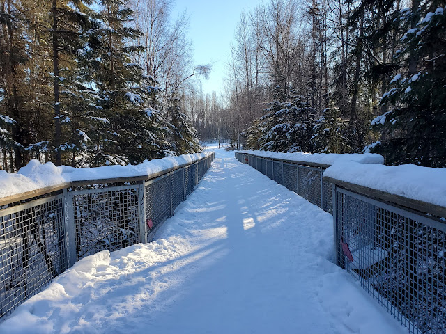 Photo of a walking bridge covered in snow