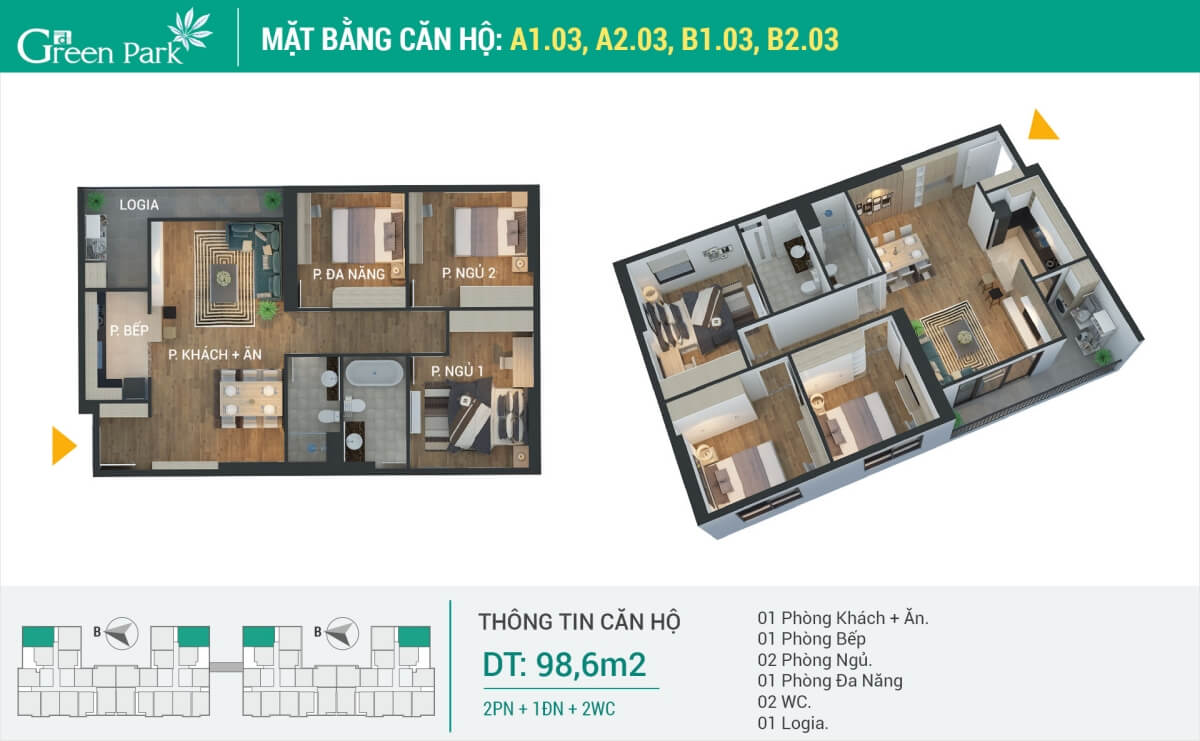 Thiết kế nội thất căn hộ 3 phòng ngủ chung cư Phương Đông Green Park - Số 1 Trần Thủ Độ