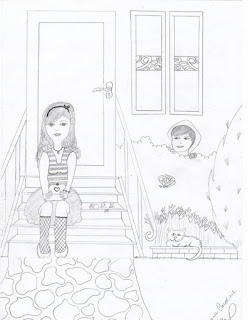 Desenho - garota sentada na escada