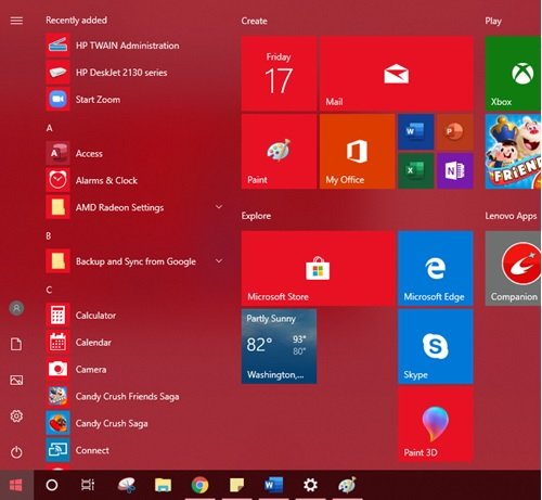 Windows 10 시작 메뉴에 사용자 지정 색상 테마 추가