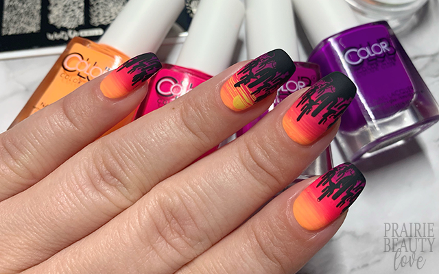 Neon purple to neon orange gradient, with black dry marbled on top. Because  it's spooky season y'all! : r/lacqueristas