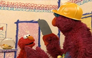 Telly has a saw and wears a hard hat. Elmo is surprised. Sesame Street Elmo's World Building Things Elmo’s Question