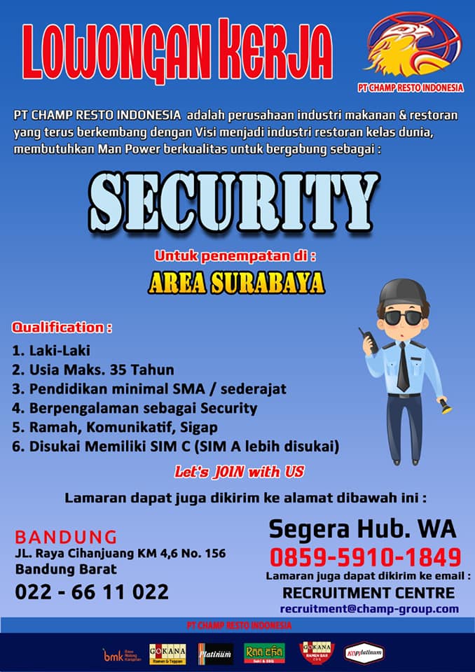 lowongan kerja SECURITY PT Champ Resto Indonesia
