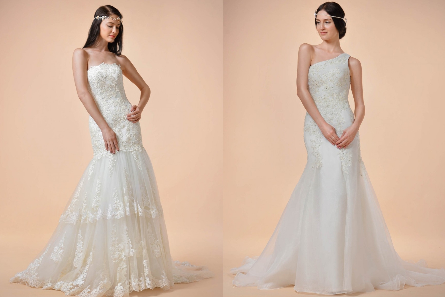 collage with two lace wedding dresses