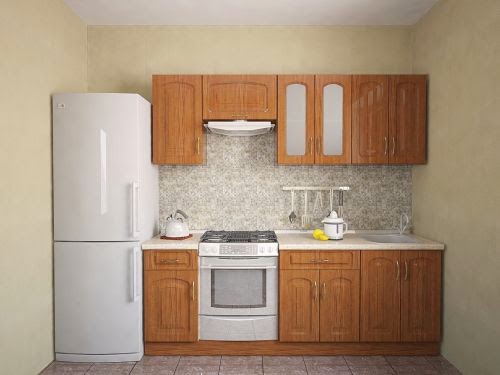 wooden small kitchen furniture and refrigerator on one wall