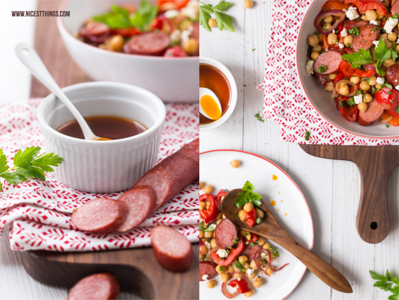 Kabanossi Salat mit Kichererbesen, Röstpaprika, Feta, roten Zwiebeln