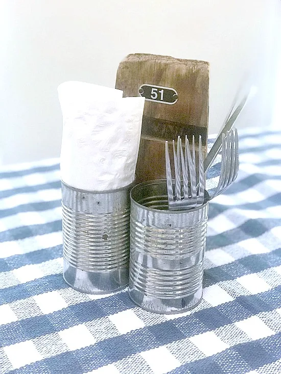 silverware tote on blue and white tablecloth