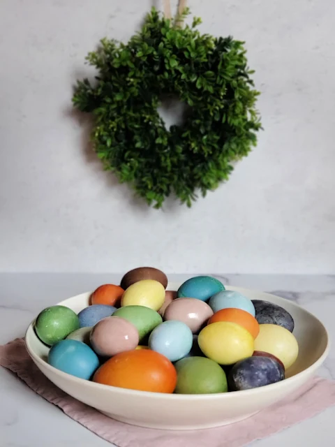 bowl of naturally dyed Easter eggs