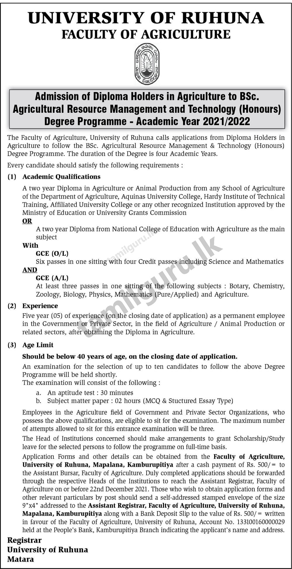 BSc in Agricultural Resource Management and Technology 2021