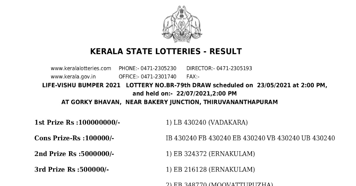 Kerala Lottery Result 23.05.2025 Vishu Bumper Lottery Results BR 67