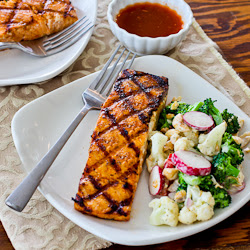 Grilled Salmon with a glaze of sugar-free maple syrup, Sriracha, and lime juice.  [found on KalynsKitchen.com]