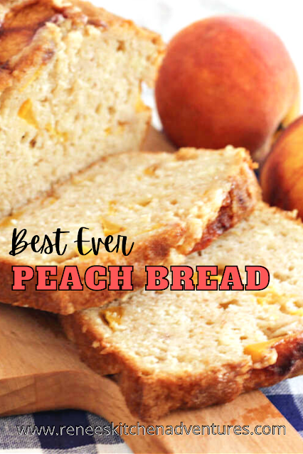 PIN with Close up of sliced peach bread with text for pinterest