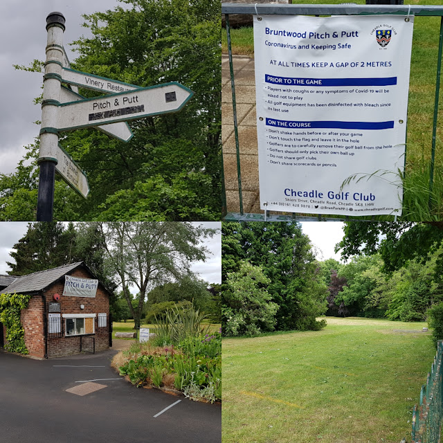 Social distancing signs at Bruntwood Park Pitch & Putt course in Cheadle Hulme
