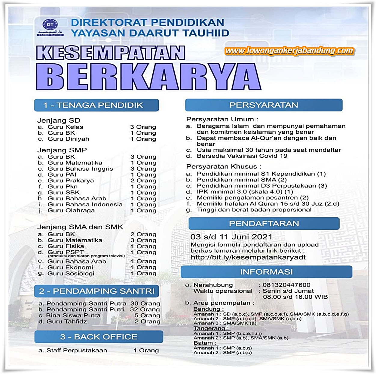 Lowongan Kerja Staff Yayasan Daarut Tauhid Bandung - Loker Bandung Hari