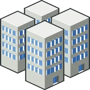 Imagem desenho que mostra 04 blocos de edifícios de 4 andares na cor cinza com janelas azuis ilustrando texto sobre o reajuste no programa de governo da casa verde amarela.