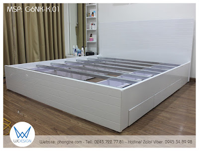 Giường ngủ 2mx2m2 trang trí đường soi ngang có 6 ngăn kéo G6NK-K.01 màu trắng