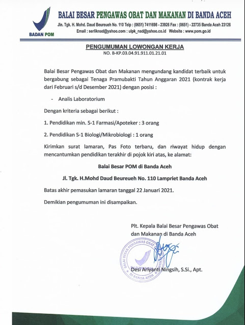  Tenaga Kontrak Balai Besar Pengawas Obat dan Makanan Januari 2021