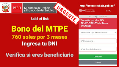 Salió el link Bono del MTPE 760 soles por 3 meses Ingresa tu DNI Verifica si eres beneficiario Salió el link Bono del MTPE 760 soles por 3 meses Ingresa tu DNI Verifica si eres beneficiario