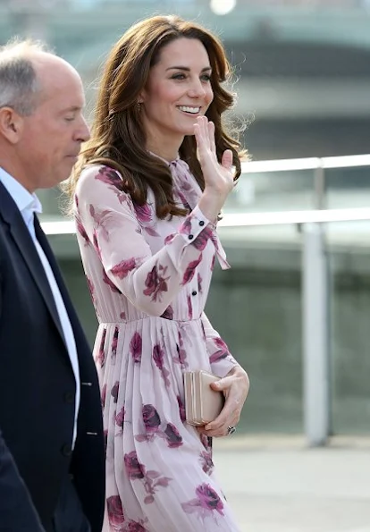 Kate Middleton wore Kate Spade New York Encore Rose Chiffon Dress, Kiki McDonough Morganite Earrings, GIANVITO ROSSI Suede Pumps, LK BENNETT Nina Clutch