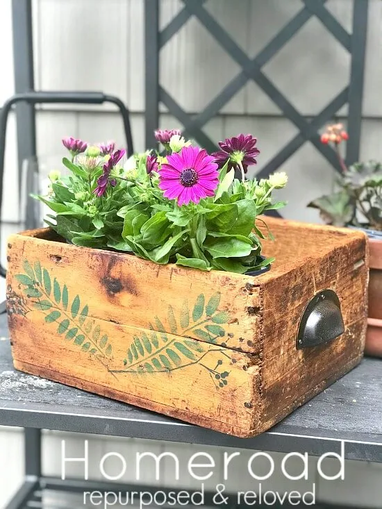 DIY Stenciled Rustic Crate with flowers