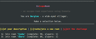 The main Evscaperoom menu, showing the option to create a new room or join one of two existing rooms.