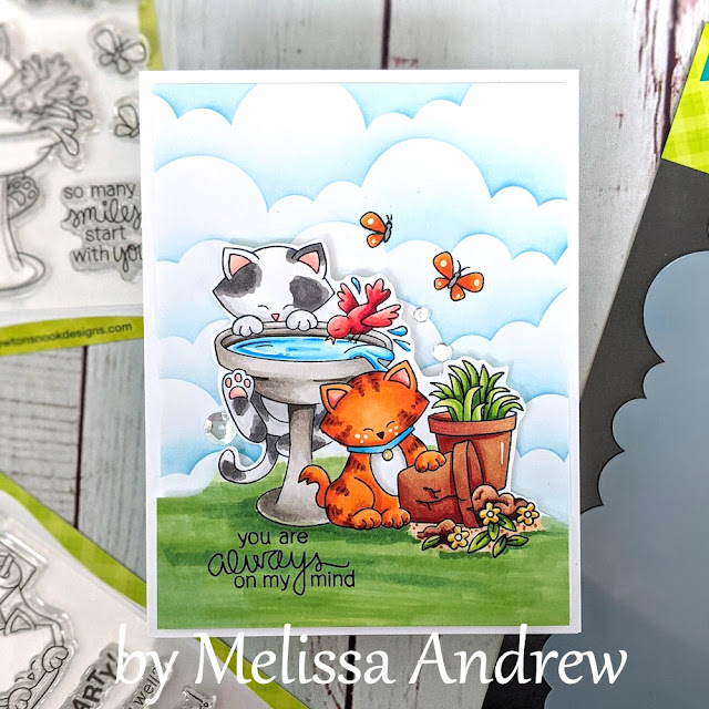 Always on my Mind Kitty Card by June Guest Designer Melissa Andrew | Naughty Newton Stamp Set, Newton's Birdbath Stamp Set and Clouds Stencil by Newton's Nook Designs #newtonsnook #handmade