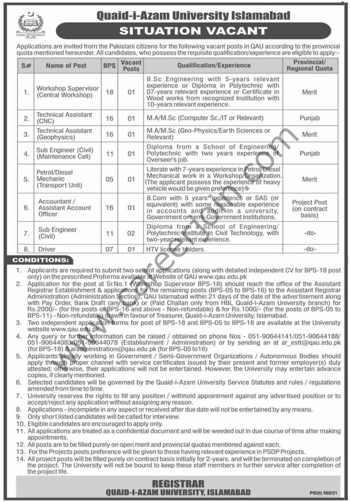 Quaid-e-Azam University Jobs August 2021