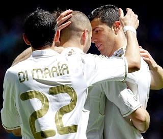 Di Maria Benzema and Cristiano celebrate against Sevilla