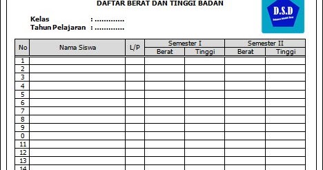 Format Daftar Tinggi dan Berat Badan Siswa - Dokumen Sekolah Dasar