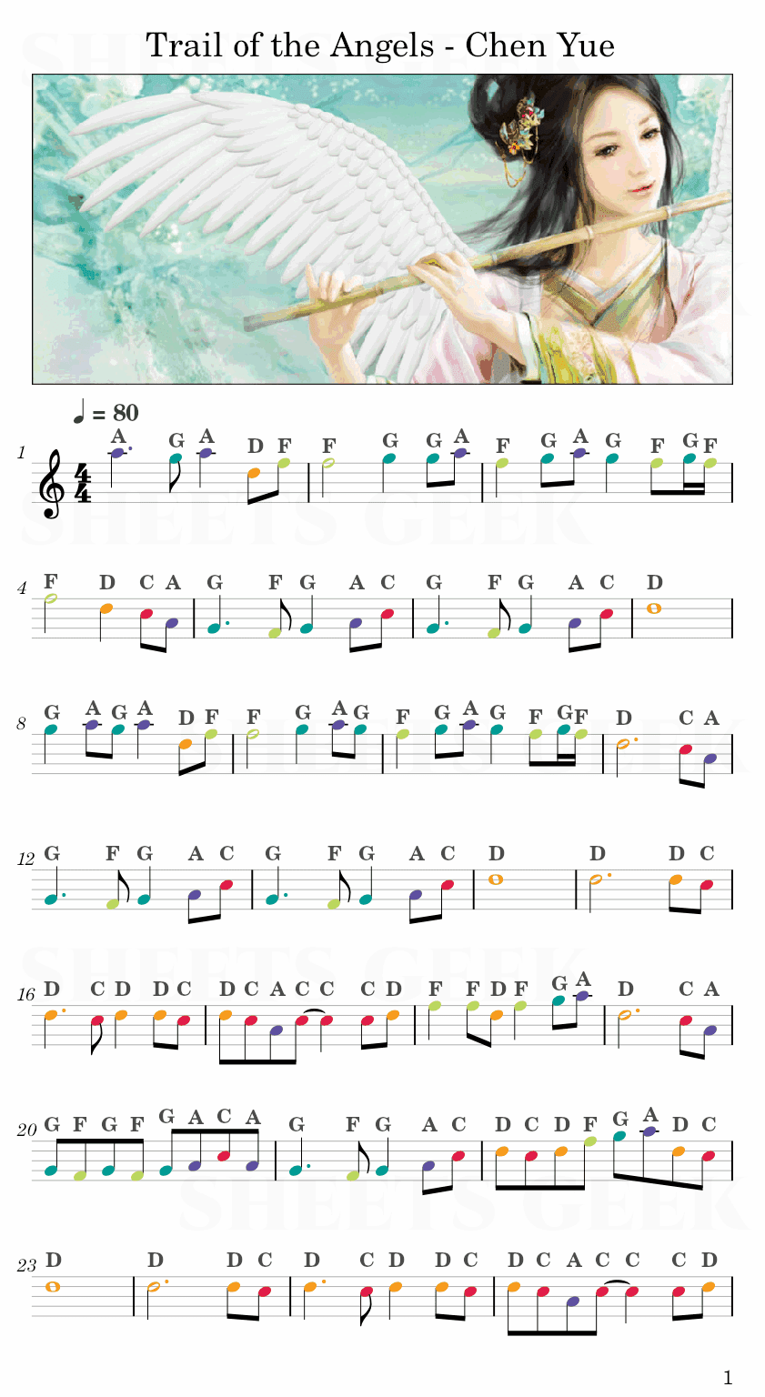 Trail of the Angels - Chen Yue Easy Sheets Music Free for piano, keyboard, flute, violin, sax, celllo 1