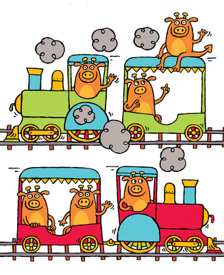 Illustration of six silly monsters on a train from my ebook for kids