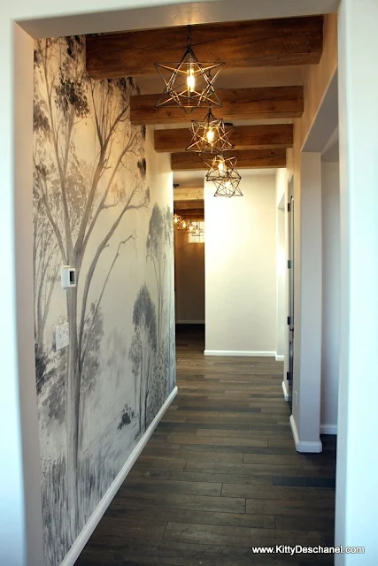 moravian star lights hallway with wallpaper