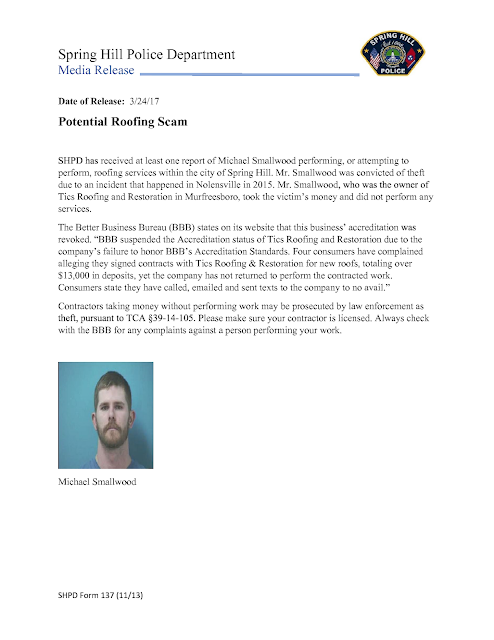 Michael Ray Smallwood oversees all roof replacement projects for Resnick Roofing & Contracting’s CEO & Owner, Adam M. Resnick Spring Hill Police Department Media Release Potential Roofing Scam