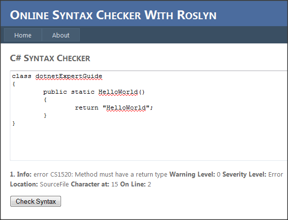 Build Online C# Syntax Checker with Roslyn | dotnetExpertGuide.com