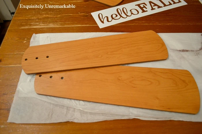 Wooden Ceiling Fan Blades on a table getting ready for paint