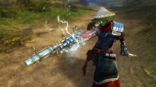 Guild Wars character A drawing of a green-skinned being wearing a cone-shaped hat and robes and holding a large weapon.