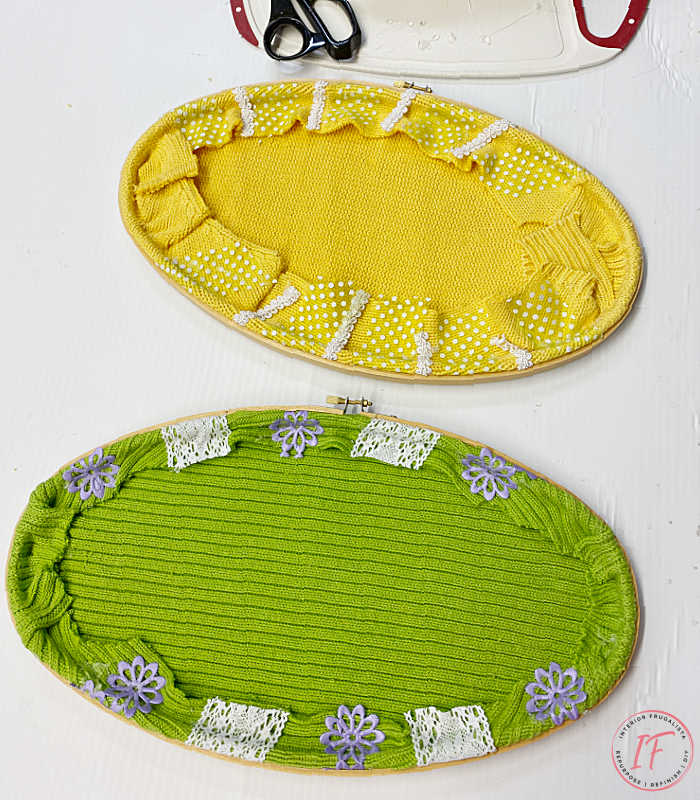 Two simple handmade Easter Egg Embroidery Hoop Wreaths, an easy ten-minute spring craft idea with recycled sweaters and seasonal ribbons.