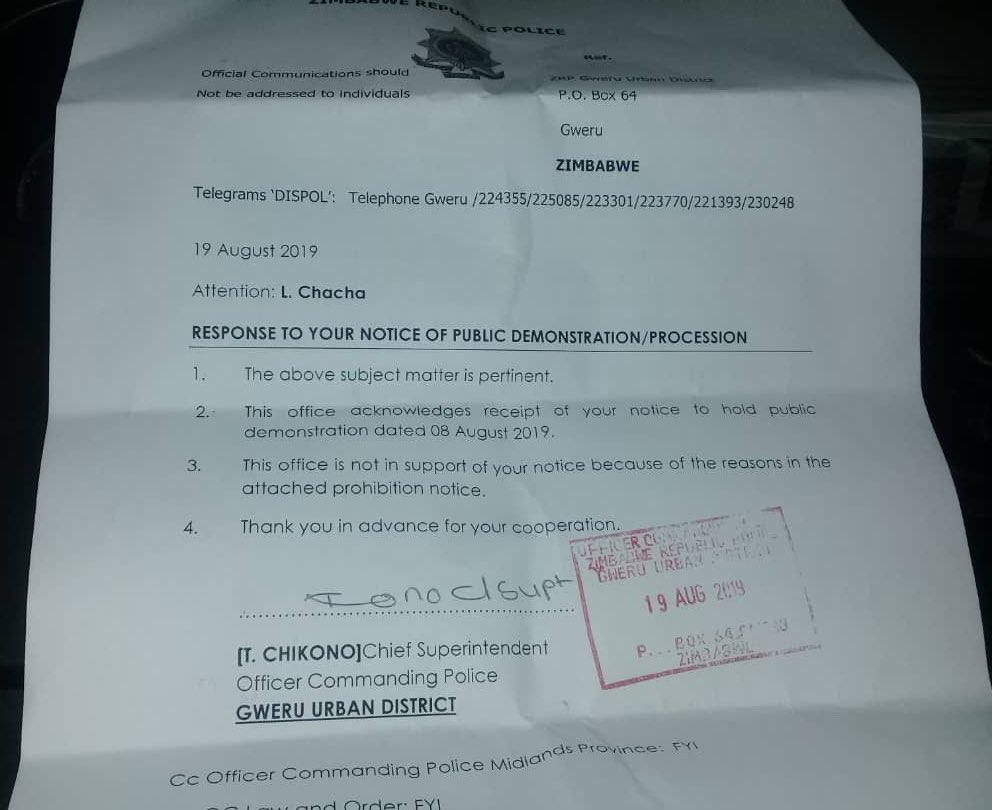 Why We Banned Gweru Demo Cops Newsdzezimbabwenewsdzezimbabwe 