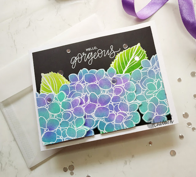 Easy Floral card, Ink blending, Resist Technique, Ellen Hutson Hydrangea stamp, Colored cardstock, card on black base, Quillish