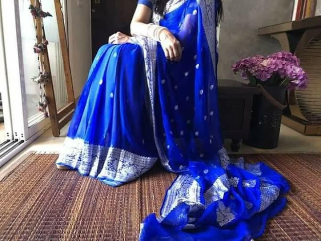 Pure Georgette Chiffon khaddi silver buti royal blue colour sarees price 5100 Rs.