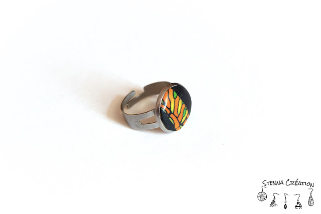 Bague pâte polymère 2020 canne vermicelle jaune orange vert noir Fimo Stenna Création