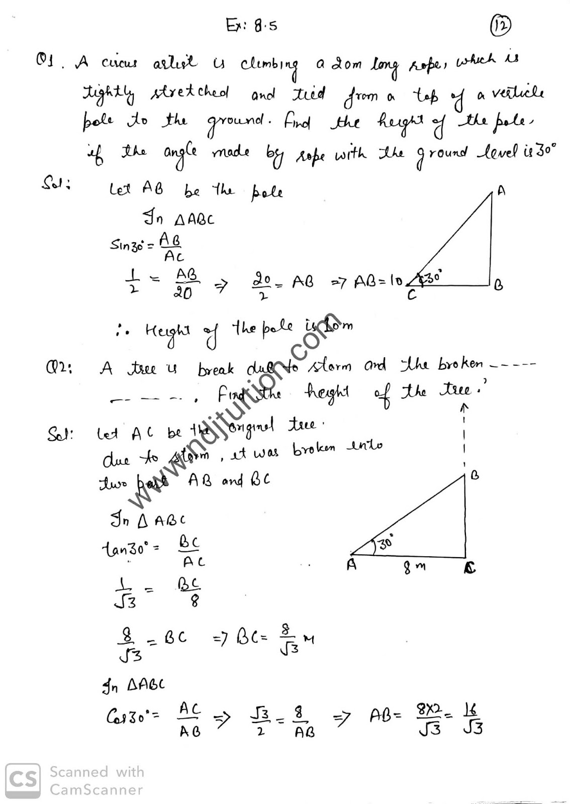 Application of Trigonometry Handwritten Notes for 10th Class