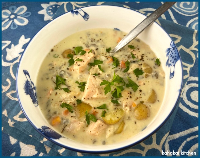 Kahakai Kitchen Creamy Wild Rice & Salmon Soup (Chowder?) for Souper (Soup, Salad & Sammie) Sundays